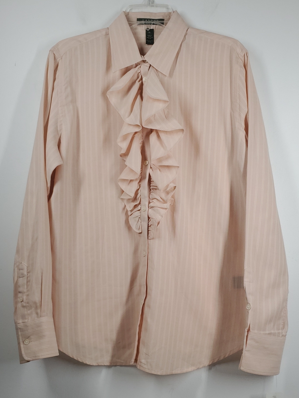 Lauren Ralph Lauren Peach Pink Ruffle Button Down Shirt Feminine Blouse XL NWT